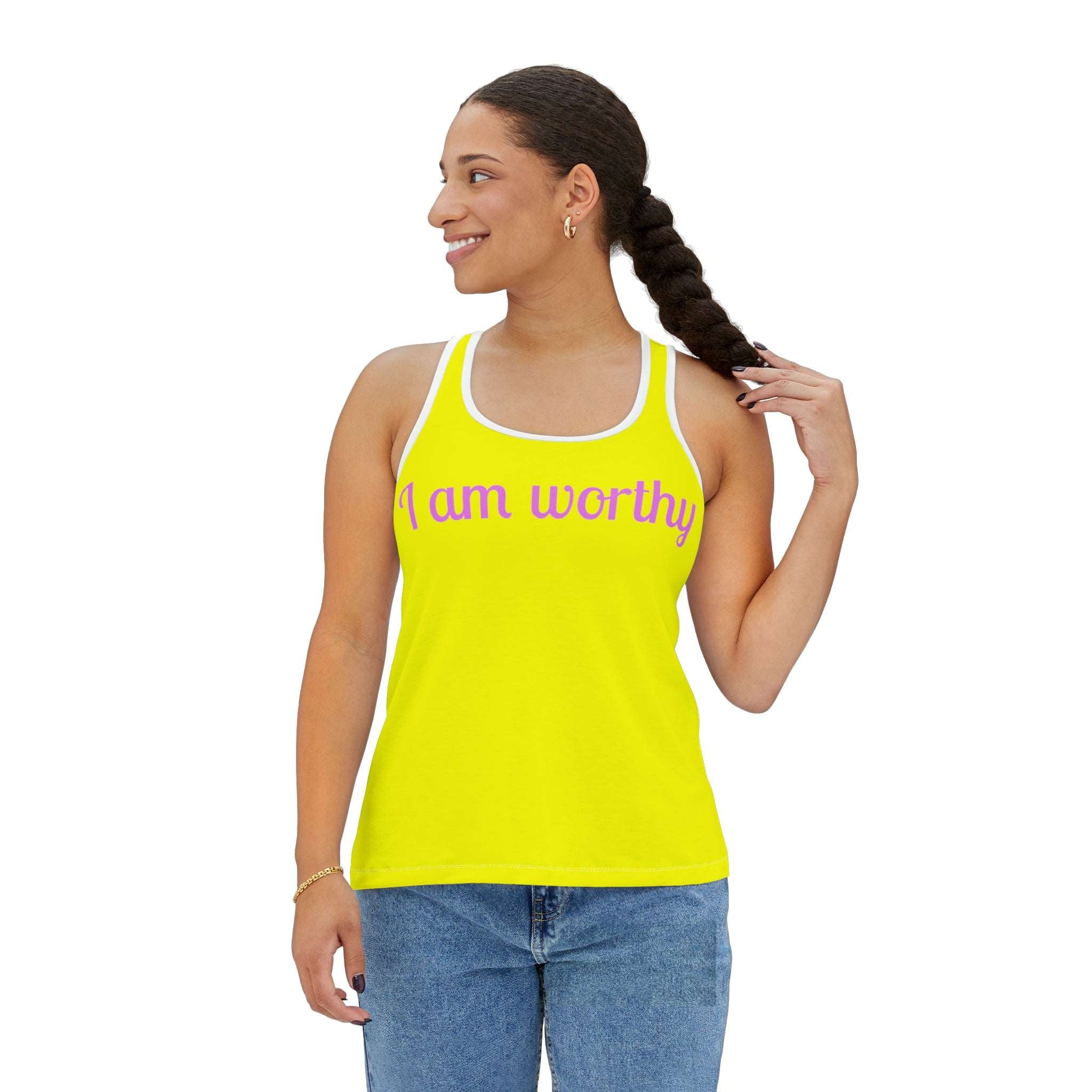 I Am Worthy Racerback: Personalized Comfort & Style White Activewear Athletic Tank Fitness Wear Racerback Racerback Tee Tank Top Women's Tank Workout Gear Yoga Tank Tank Top 1113255000698410550_2048_778c102b-d7b6-443f-97f0-3bbd308065a2 Printify