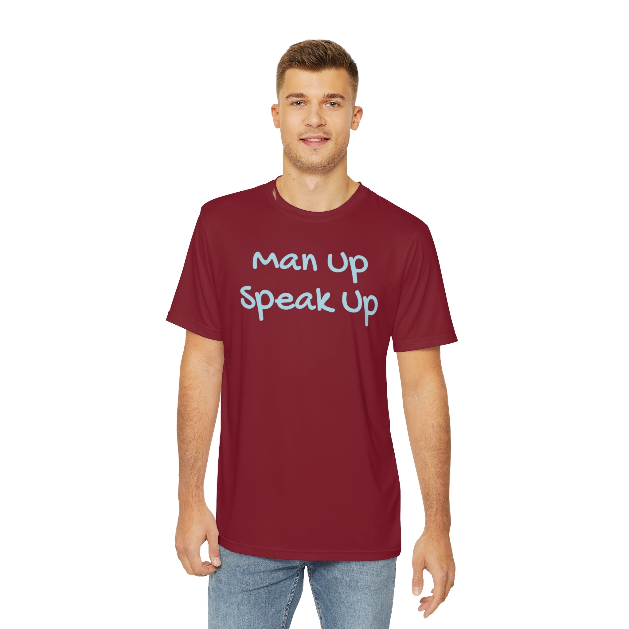 Man Up Speak Up T-shirt: Strength in Expression Athleisure Wear Mental Health Pledge Donation Polyester Style Support All Over Prints 11187506865067807957_2048 Printify