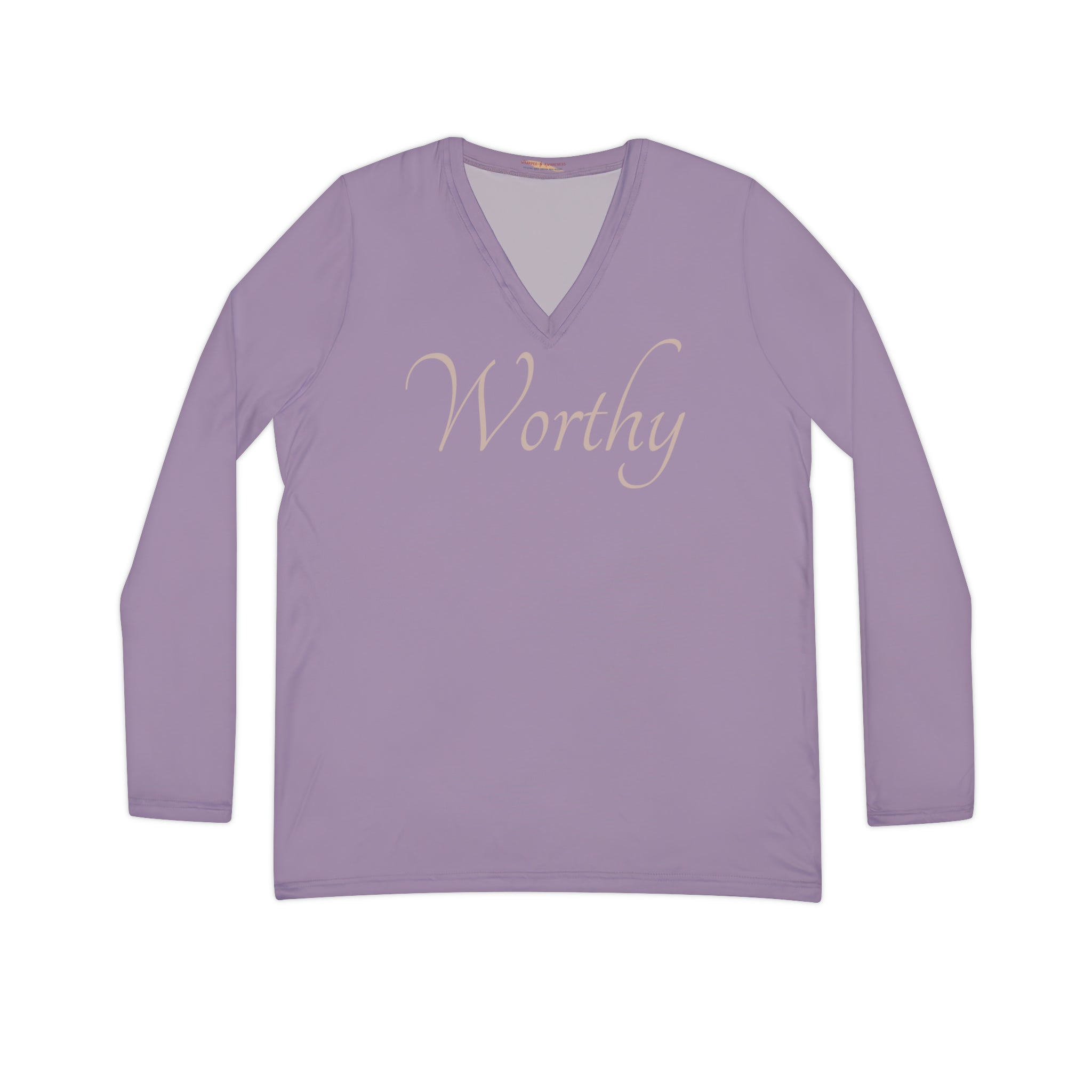 Worthy Long Sleeve Affirmation V-neck Casual Shirt Double Needle Stitching Everyday Wear Mental Health Support Polyester Spandex Blend Statement Shirt Worthy Shirt All Over Prints 12982408948875239506_2048 Printify