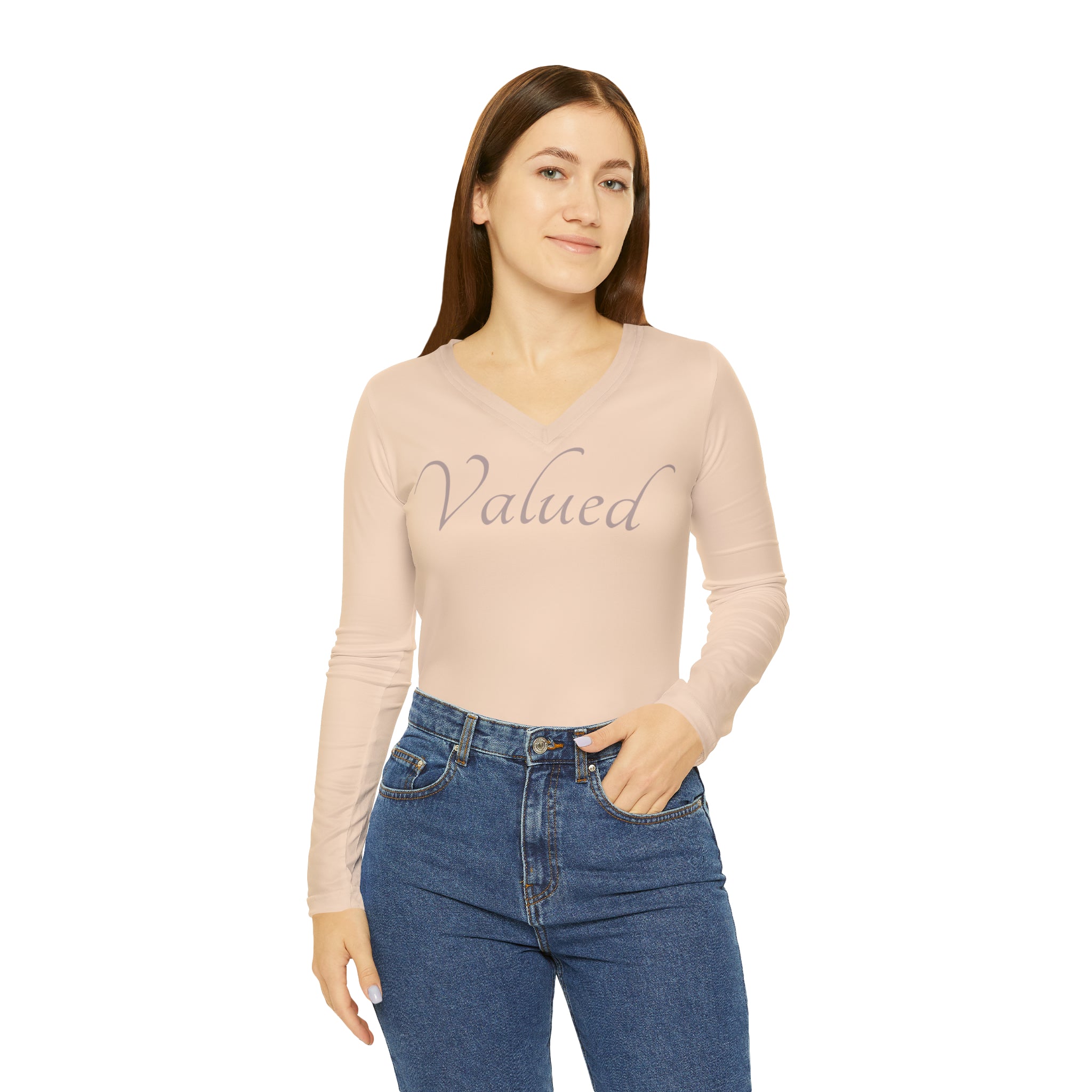 Valued Affirmation Long Sleeve V-neck Casual Shirt Double Needle Stitching Everyday Wear Mental Health Support Polyester Spandex Blend Statement Shirt Valued Shirt All Over Prints 15135751144570374839_2048 Printify