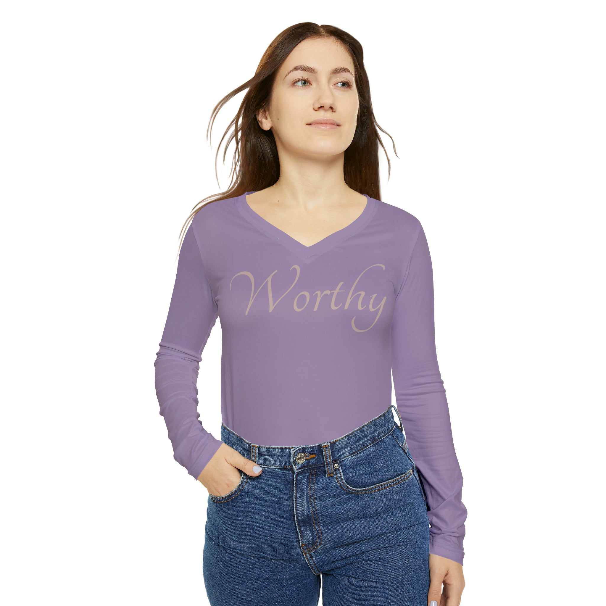 Worthy Long Sleeve Affirmation V-neck Casual Shirt Double Needle Stitching Everyday Wear Mental Health Support Polyester Spandex Blend Statement Shirt Worthy Shirt All Over Prints 15546301964403983830_2048 Printify