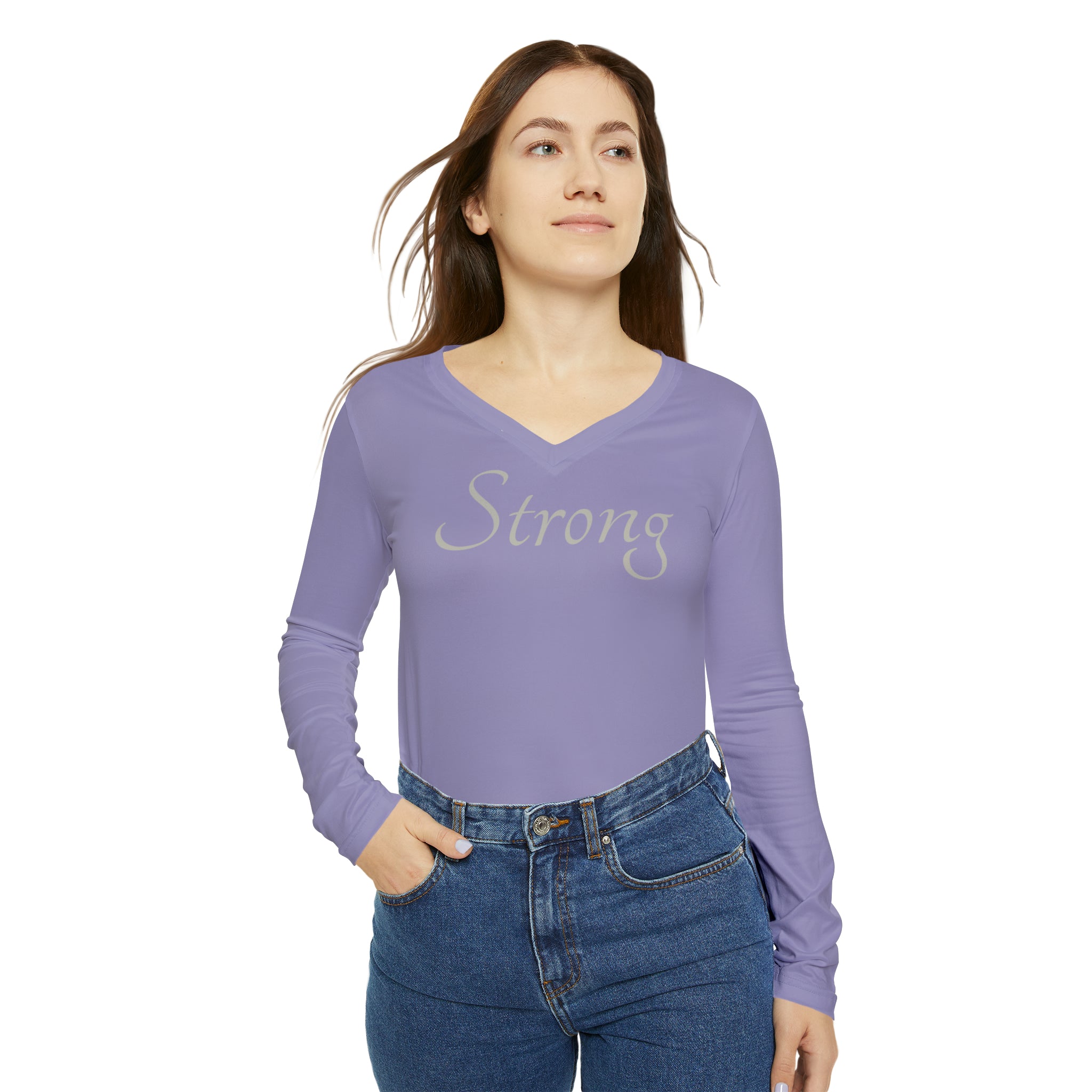 Strong Affirmation Long Sleeve V-neck Casual Shirt Double Needle Stitching Everyday Wear Mental Health Donation Polyester Spandex Blend Statement Shirt Strong Shirt All Over Prints 15550648771817191942_2048 Printify