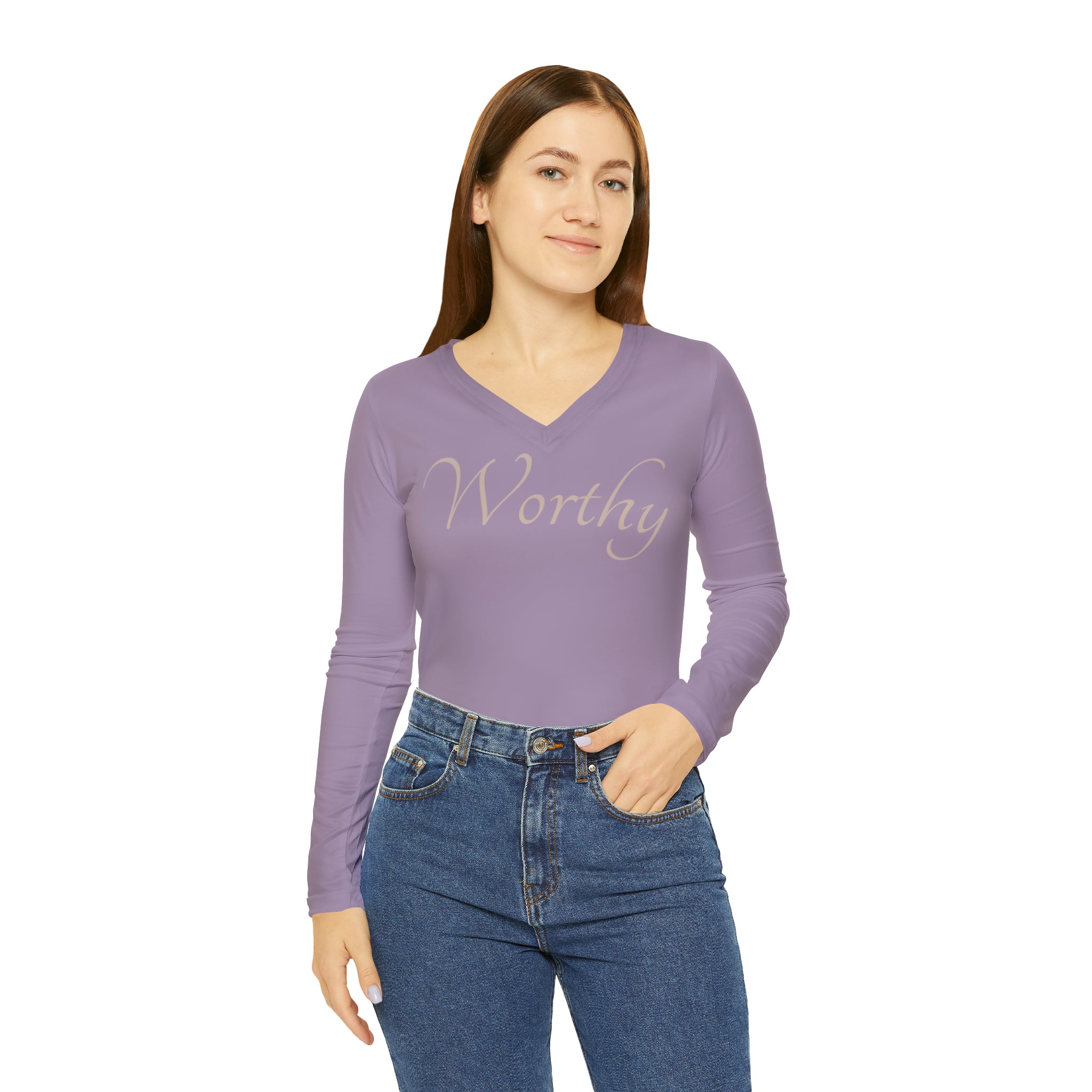 Worthy Long Sleeve Affirmation V-neck Casual Shirt Double Needle Stitching Everyday Wear Mental Health Support Polyester Spandex Blend Statement Shirt Worthy Shirt All Over Prints 15903407436546118269_2048 Printify