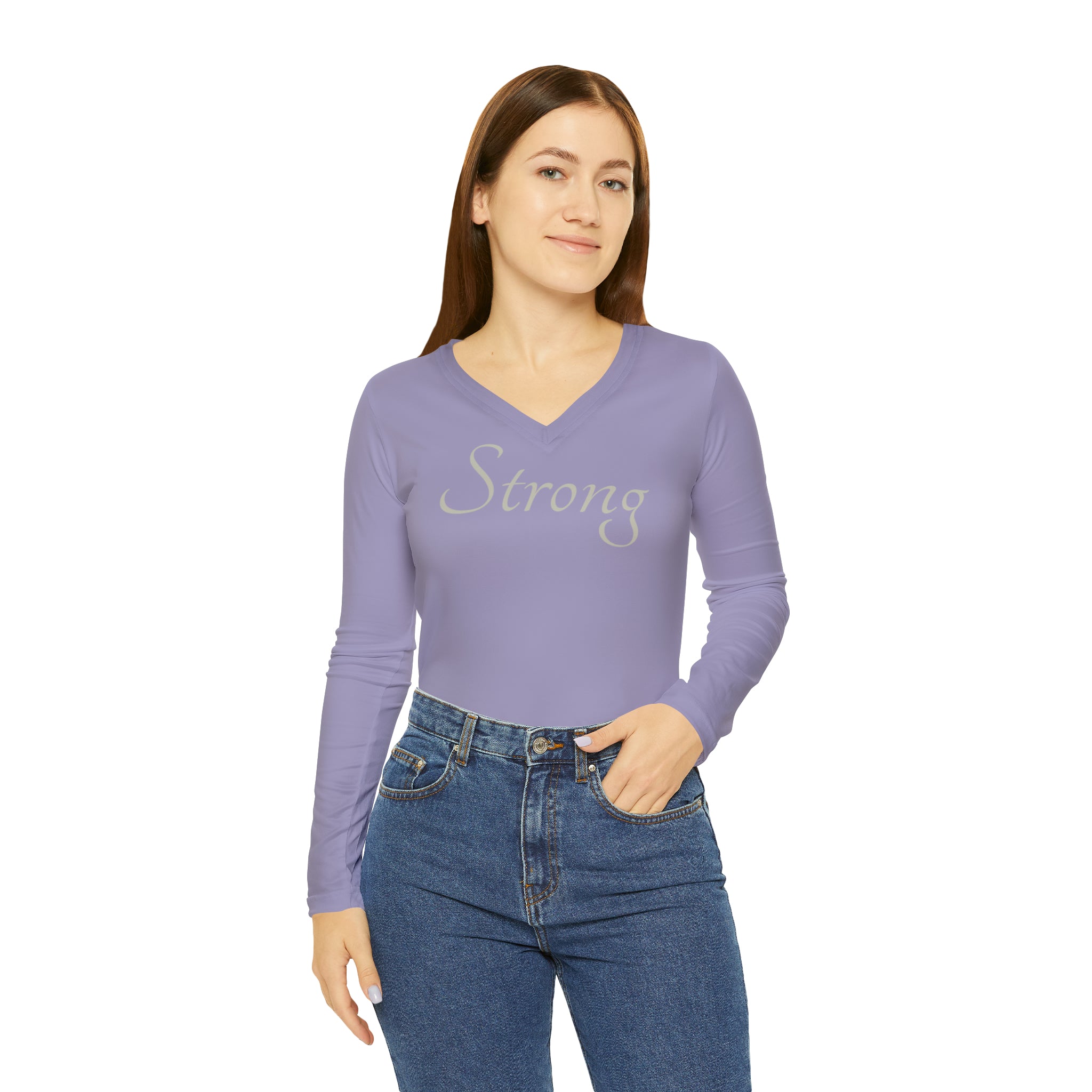 Strong Affirmation Long Sleeve V-neck Casual Shirt Double Needle Stitching Everyday Wear Mental Health Donation Polyester Spandex Blend Statement Shirt Strong Shirt All Over Prints 740205733749837047_2048 Printify