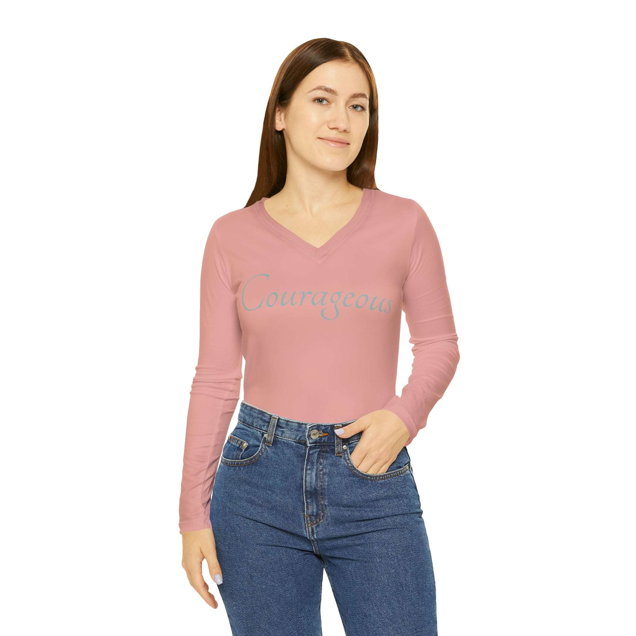 Courageous Long Sleeve V-Neck: Start Conversations Casual Shirt Double Needle Stitching Everyday Wear Mental Health Donation Polyester Spandex Blend Statement Shirt Strong Shirt Tee for Women All Over Prints 8388254402449686565_2048_a2f245b4-90a7-4dc4-b088-889278992c8d Printify