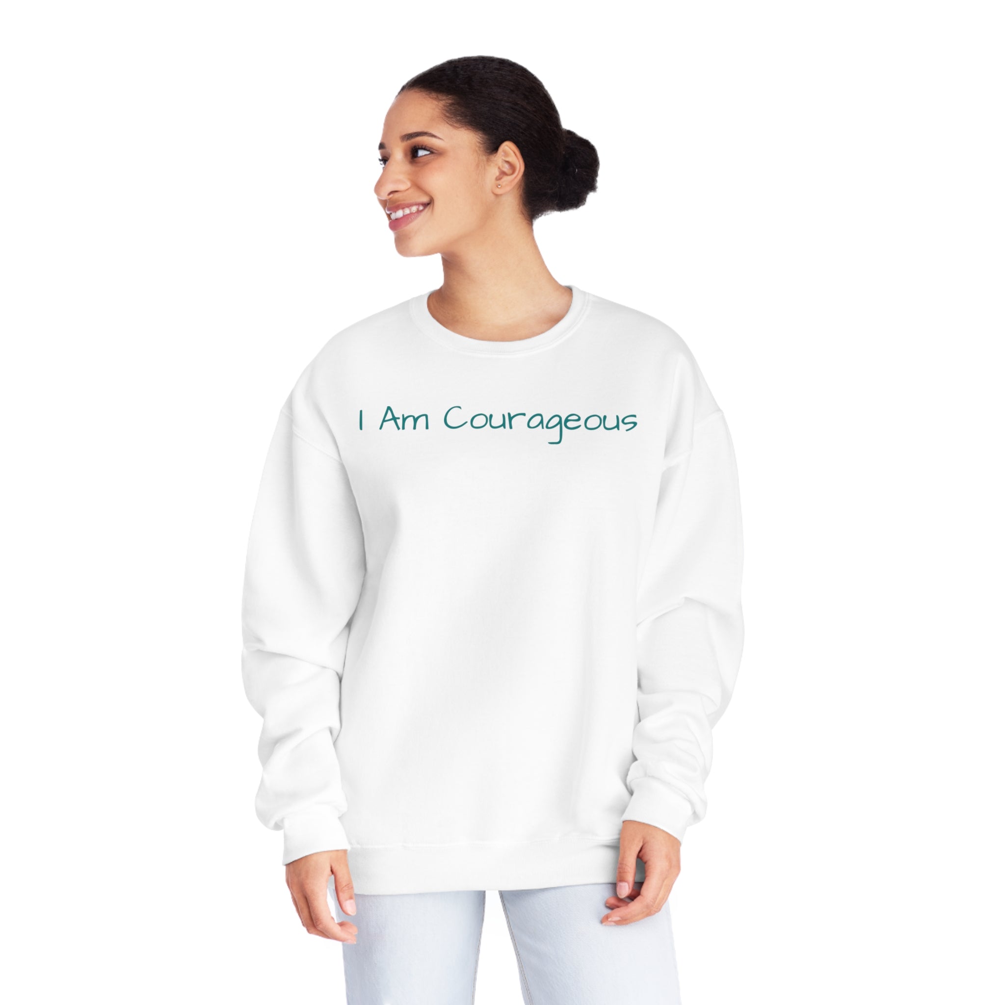 I Am Courageous Fleece: Comfort & Empowerment Sandstone Comfy Sweater Cozy Sweatshirt Crewneck Sweatshirt Fleece Pullover Graphic Sweatshirt Men's Sweatshirt Streatwear Sweatshirt Warm Outerwear Women's Sweatshirt Sweatshirt 8949652486250415051_2048 Printify